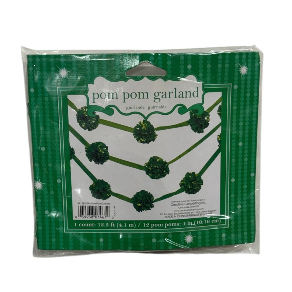 Creative converting green colored Pom Pom garland brand new in packaging!